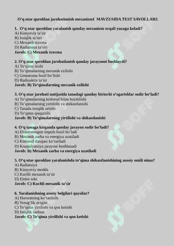 O‘q otar quroldan jarohatlanish mexanizmI  MAVZUSIDA TEST SAVOLLARI: