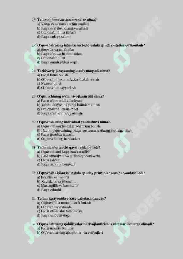 Pedagogika. Mutaxasislikga kirish test 100 talik test (javoblari bilan) 4