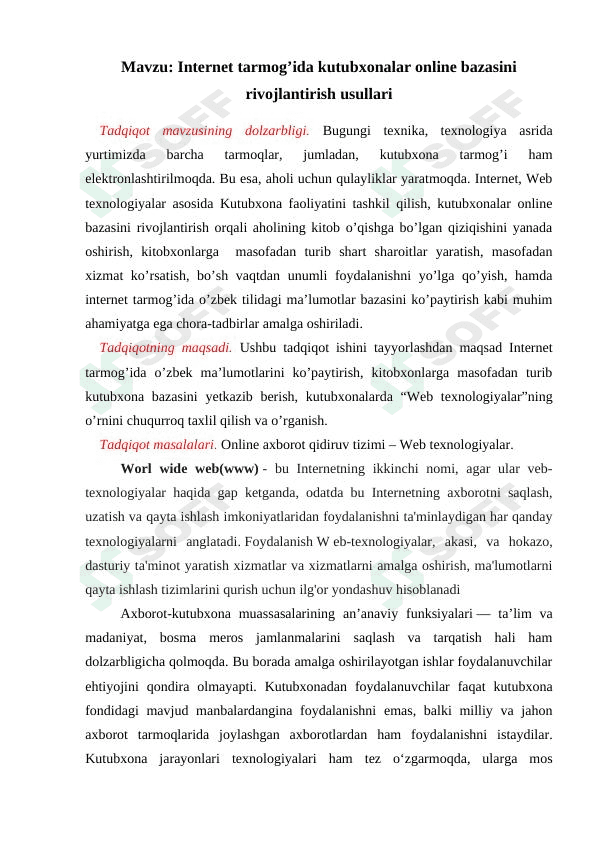 Internet tarmog'ida kutubxonalar online bazasini rivojlantirish usullari 1