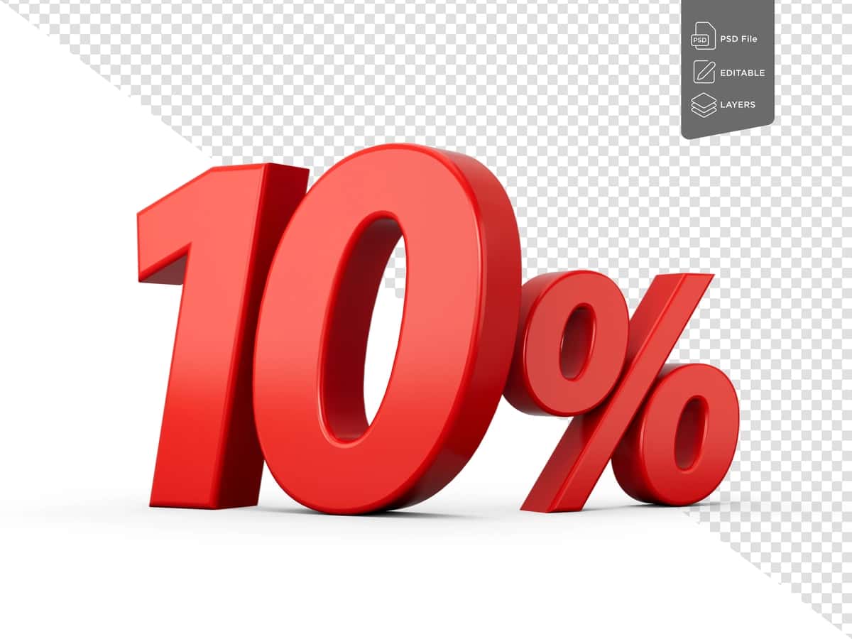 3D qizil 10 o'n foiz belgisi izolyatsiya qilingan oq fon 3D rasm | 3d red 10 ten percent sign isolated white background 3d illustration 1