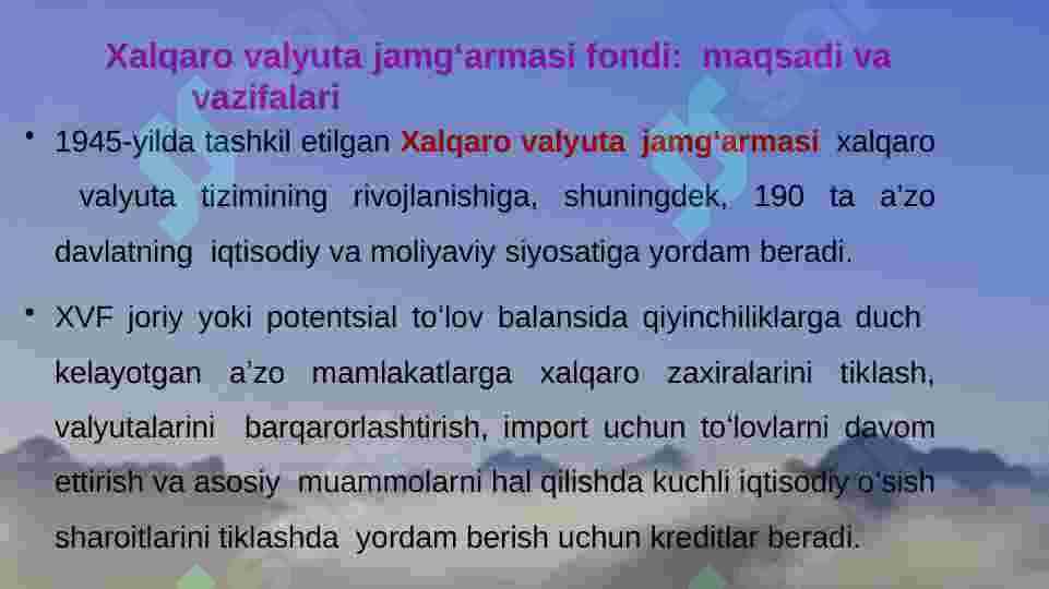 XALQARO MOLIYA INSTITUTLARI, ULARNING MAQSADI VA FUNKSIYALARI 6