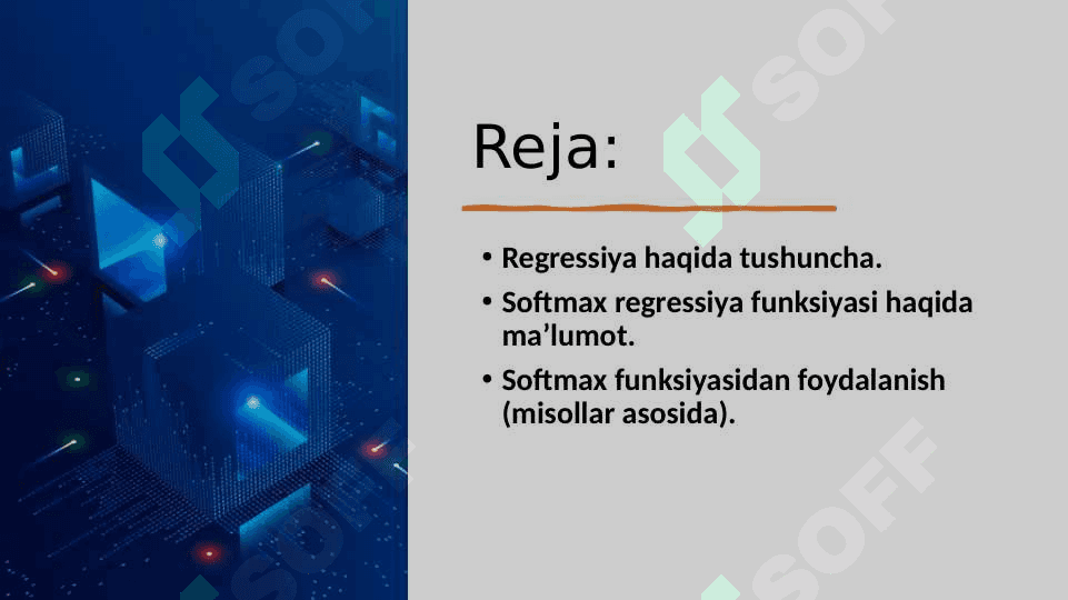 Sinflashtirish masalasi uchun softmax regressiya funksiyasidan foydalanish. 2