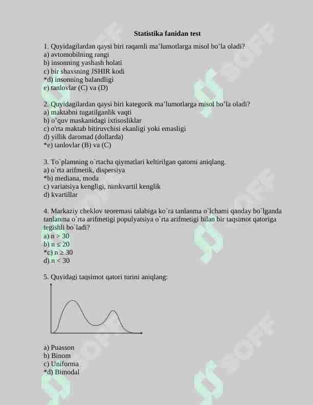 Statistika fanidan 150 talik test, javoblari bilan