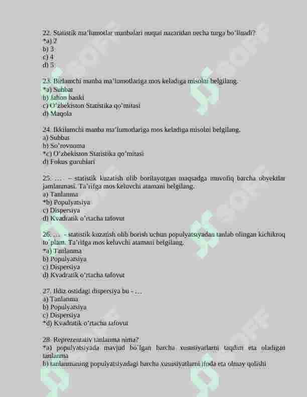 Statistika fanidan 150 talik test, javoblari bilan 5