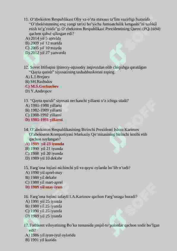 O'zbekistonning eng yangi tarixi fanidan 150 talik test javoblari bilan 3