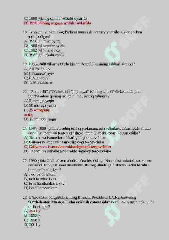 O'zbekistonning eng yangi tarixi fanidan 150 talik test javoblari bilan 4