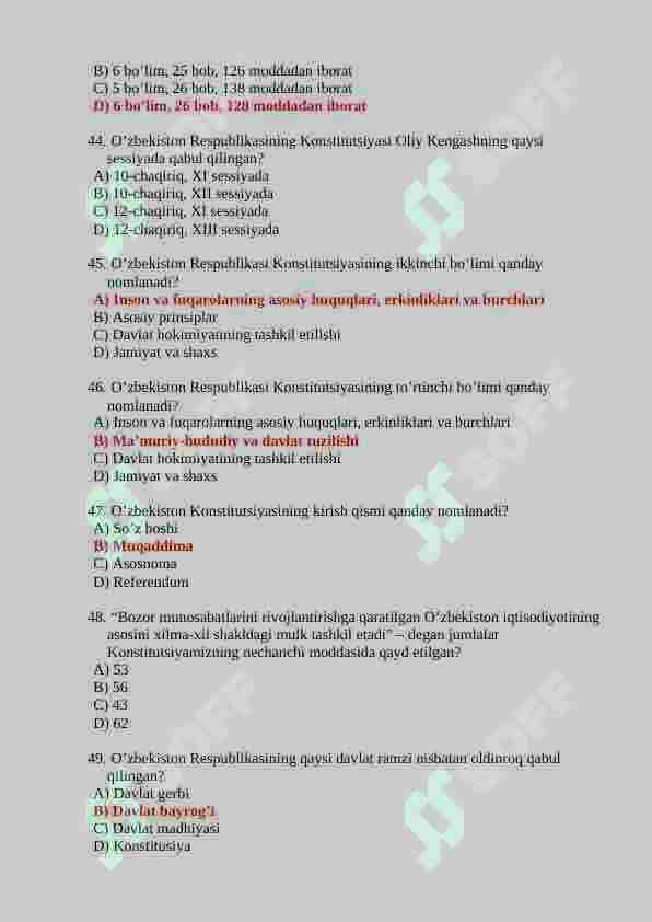 O'zbekistonning eng yangi tarixi fanidan 150 talik test javoblari bilan 8