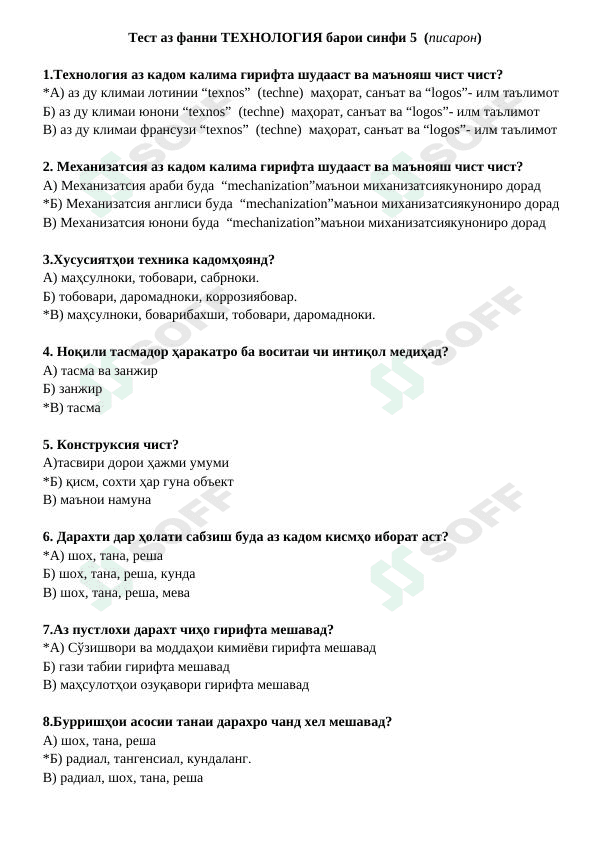 Texnologiya fanidan test (tojik tilida) 1