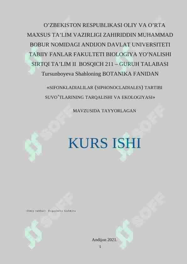 SIFONKLADIALILAR (SIPHONOCLADIALES) TARTIBI SUVO’TLARINING TARQALISHI VA EKOLOGIYASI