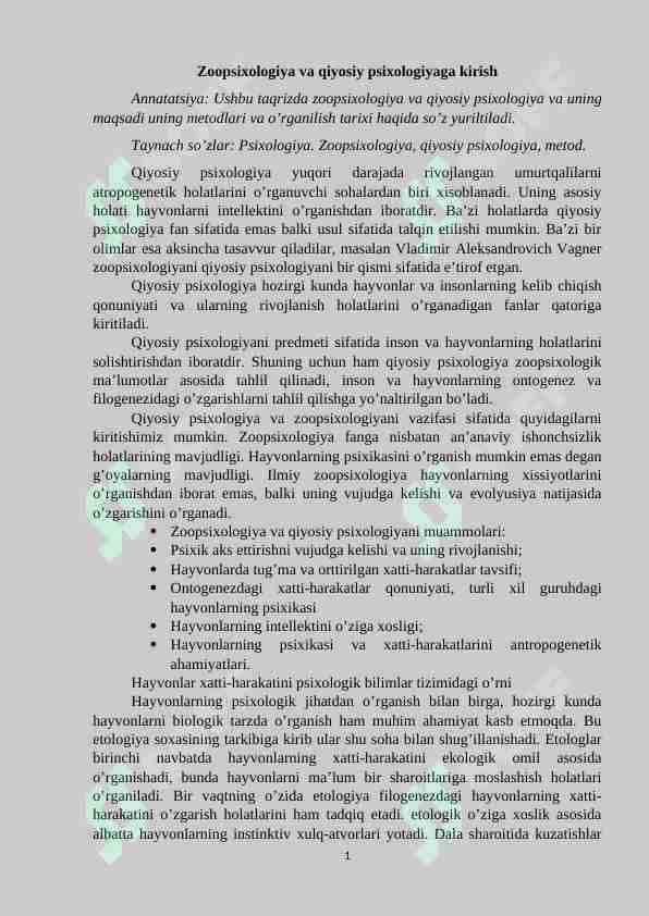 Zoopsixologiya va qiyosiy psixologiyaga kirish
