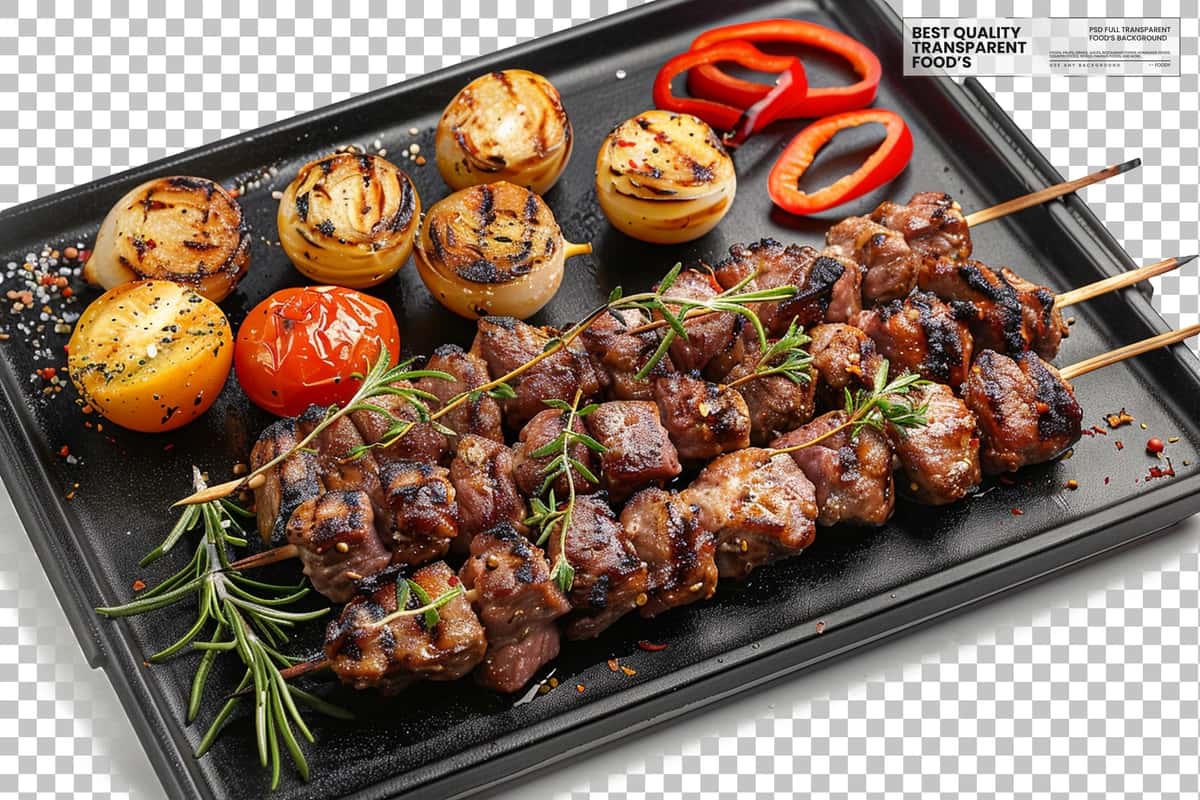Shashlik taqdimoti shishi panjara go'shti shaffof fon | Shashlik presentation skewers grilled meat transparent background 1