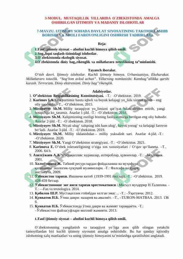 . IJTIMOIY SOHADA DAVLAT SIYOSATINING TAKOMILLASHIB BORISHI VA AHOLI FAROVONLIGINI OSHIRISH TADBIRLARI.