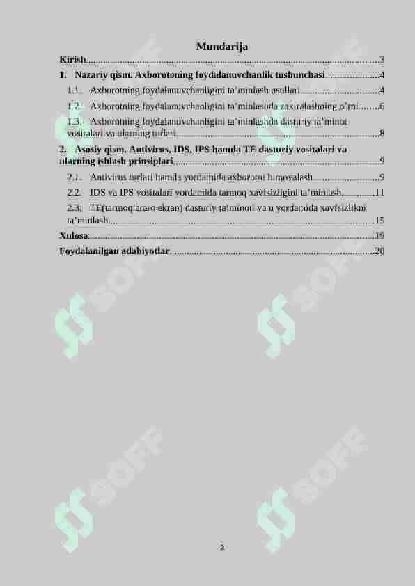 Axborotni foydalanuvchanligini ta’minlashda antivirus, IDS, IPS, TE vositalarining o‘rni. 2
