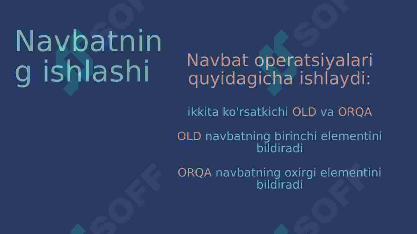 Navbat(Queue) turlari va navbatni massiv yordamida tasvirlash 7