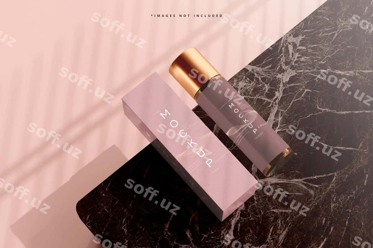 Qamish shisha kosmetika shishasi qutisi namunasi | Amber glass cosmetic bottle box mockup 1