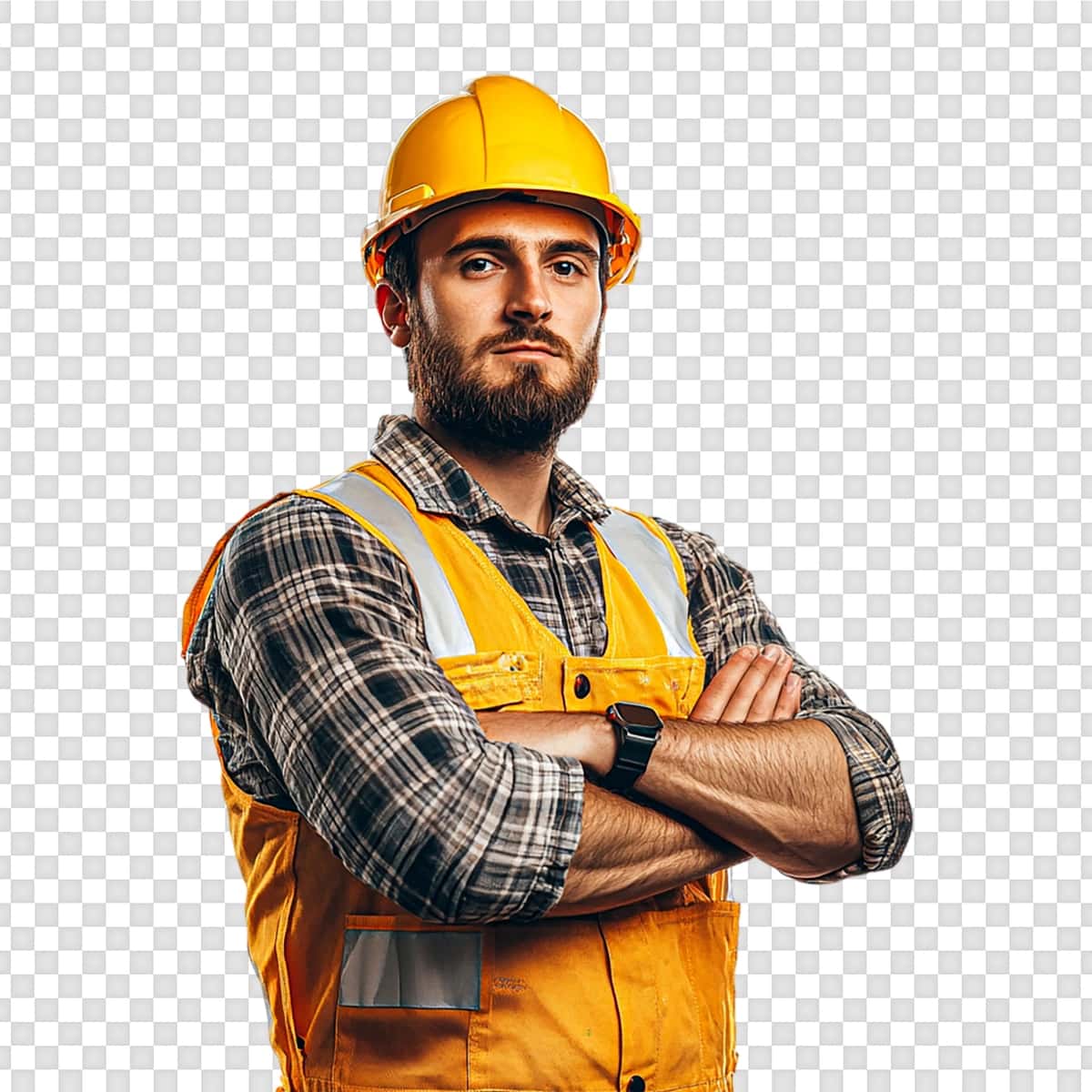 Shaffof fonda yelek dubulg'ali qurilish ishchisi muhandisi | Construction worker engineer with vest helmet transparent background 1