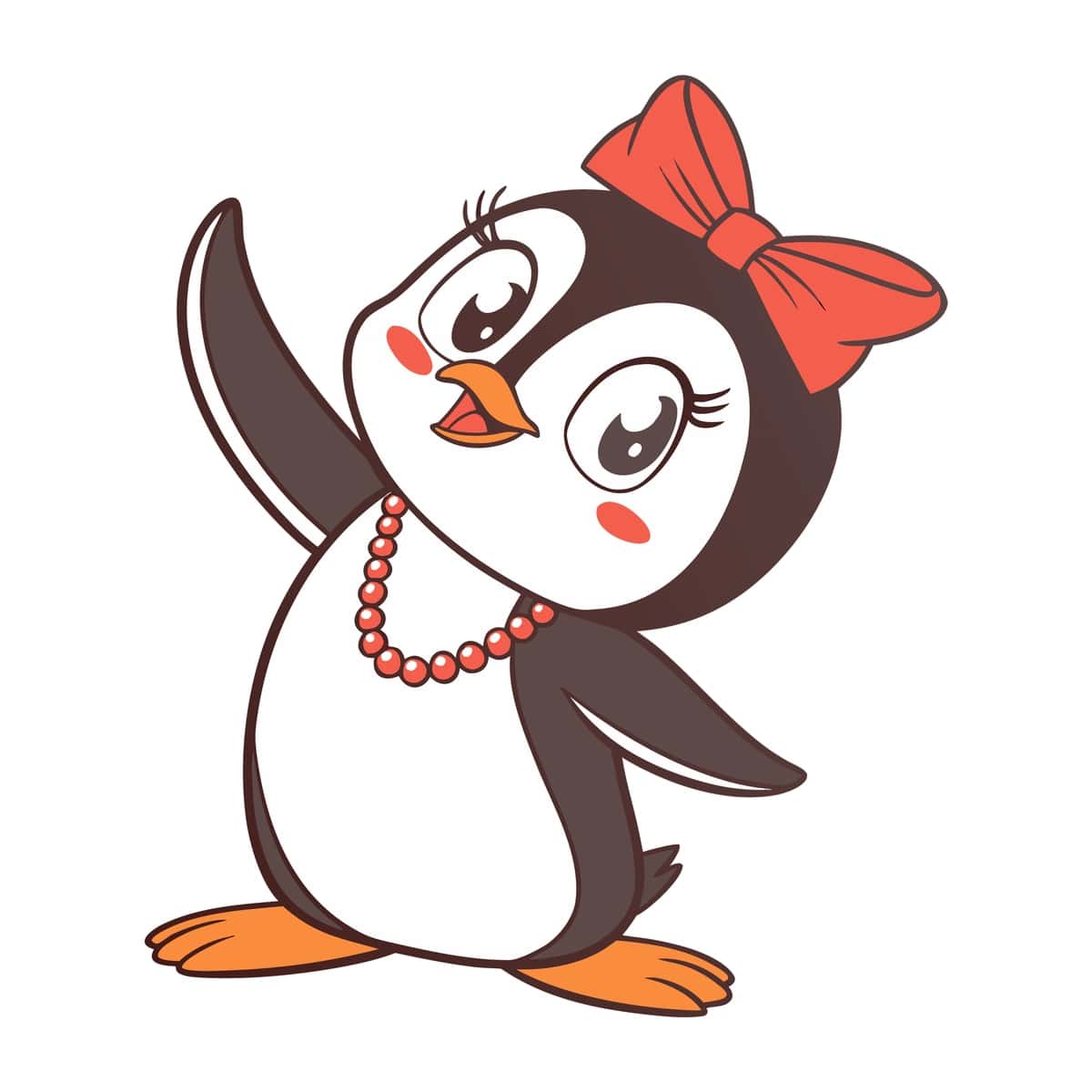 Qizil kamonli marjonlarni qo‘l silkitgan yoqimli pingvin | Cute penguin with red bow necklace waving hand 1