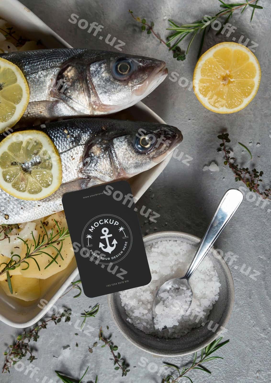 Karta maketi bilan bass baliq | Bass fish with card mock up arrangement 1