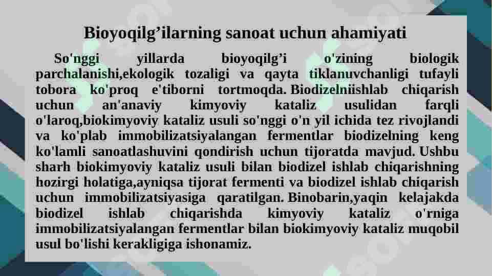 Immobillangan fermentlar ishtirokida bioyoqilg’i olish 2
