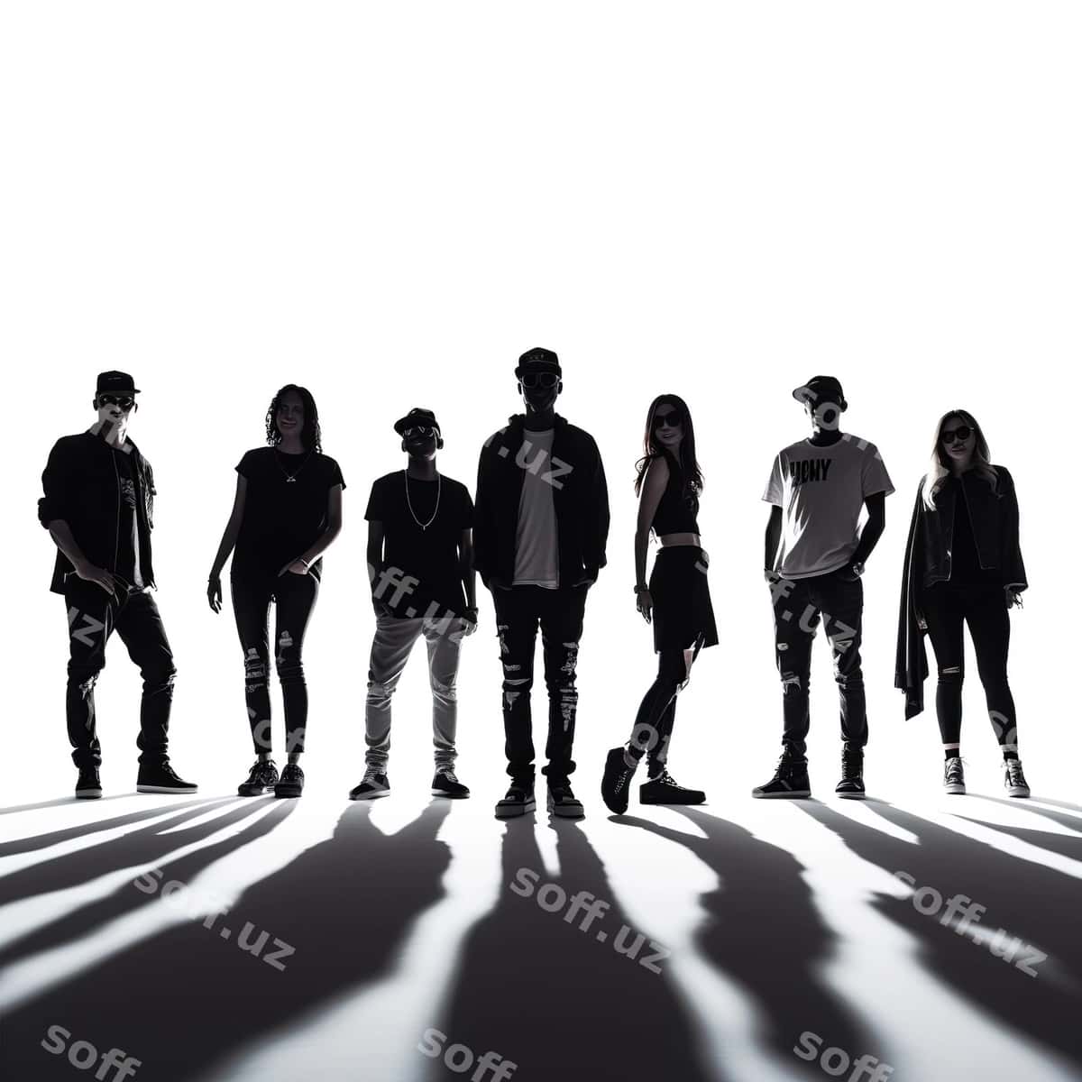 Qora siluet qo'yish guruh a'zolari pozalarda turgan | Black silhouette fun group people posing 1