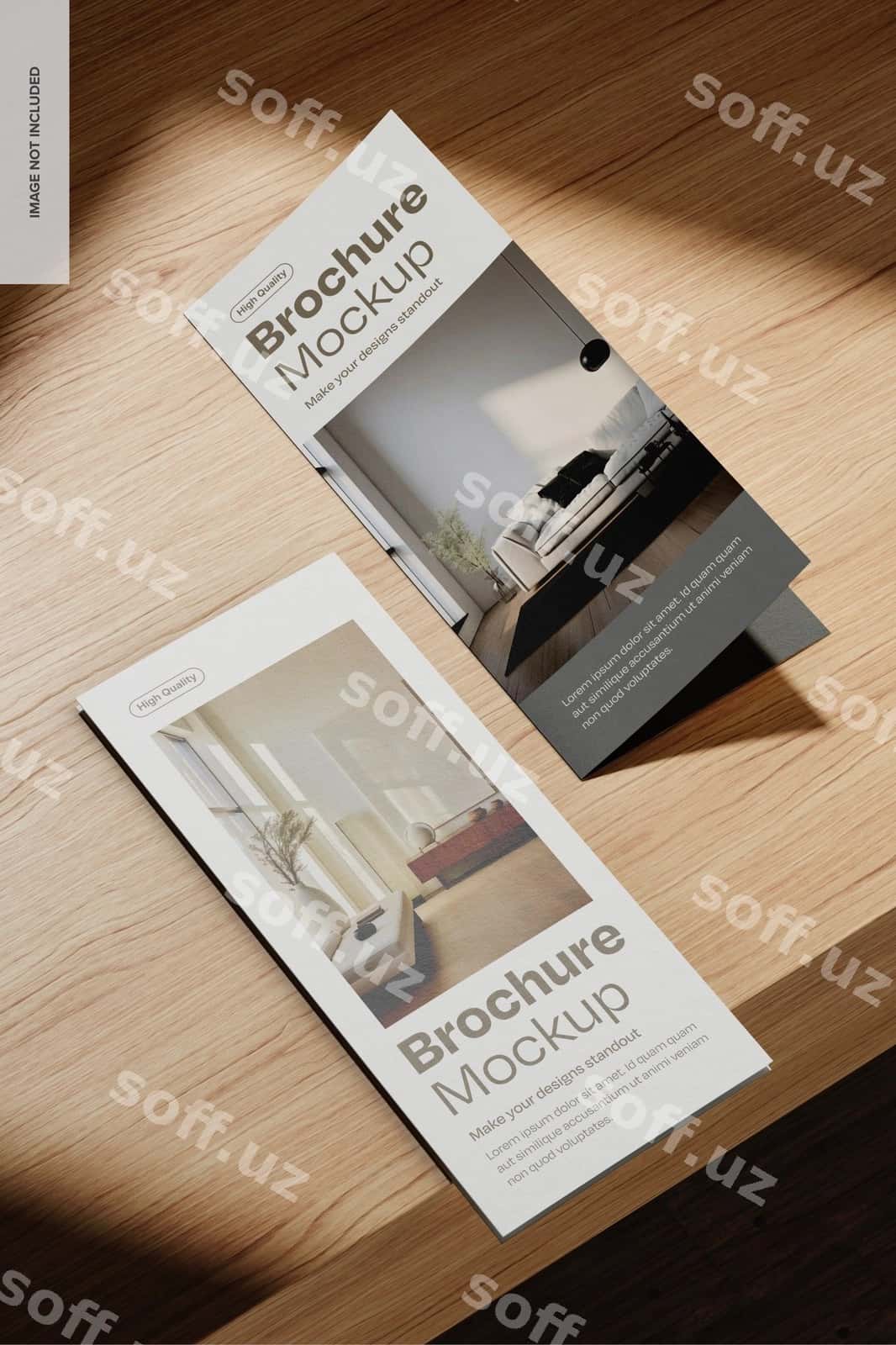 Broshyuralar yog'och stol namunasi chap ko'rinish | Brochures wooden table mockup left view 1