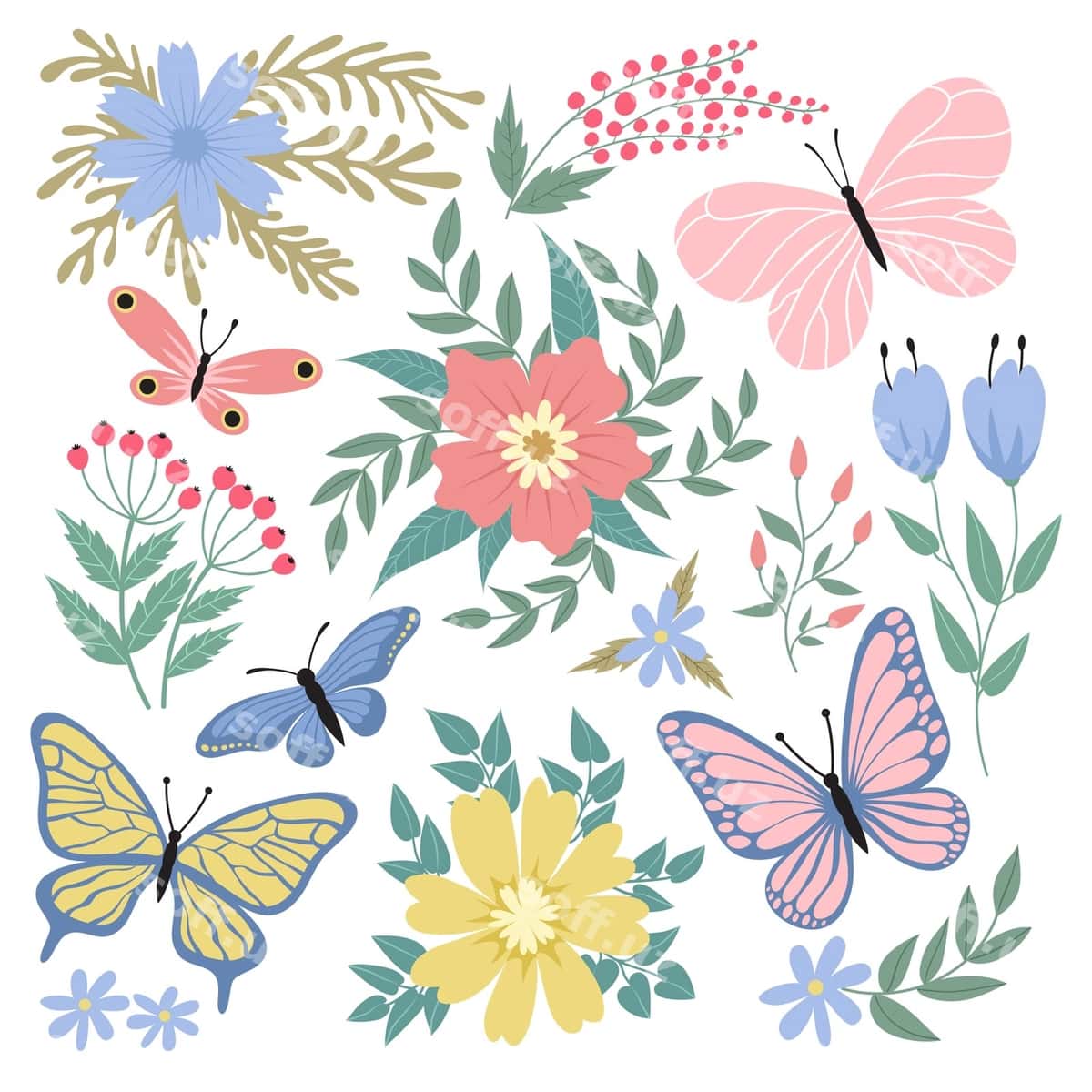 Mavjudlar gullar illustratsiyasi | Butterflies flowers illustration 1