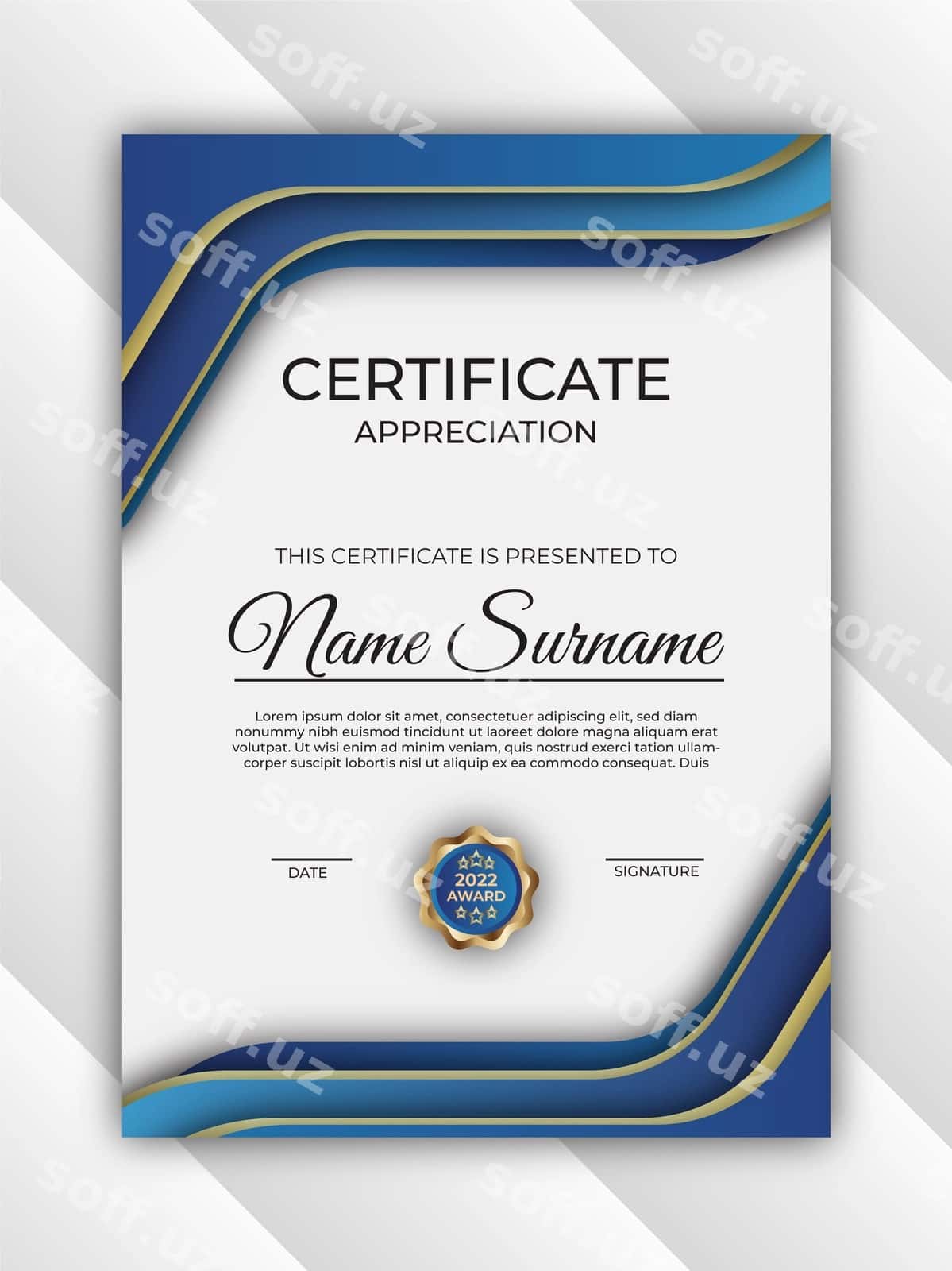 Sertifikat baholash dizayn shabloni | Certificate appreciation design template 1