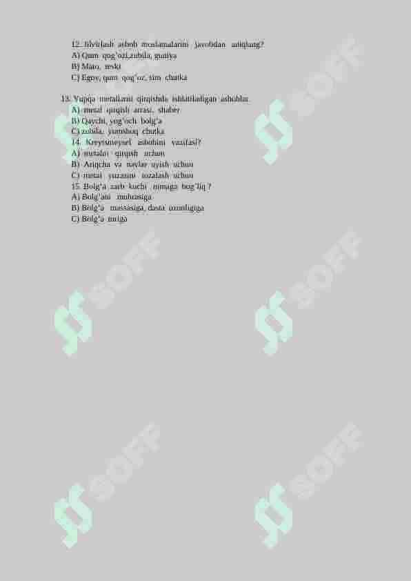 chilangarlik ishlari fanidan test 2
