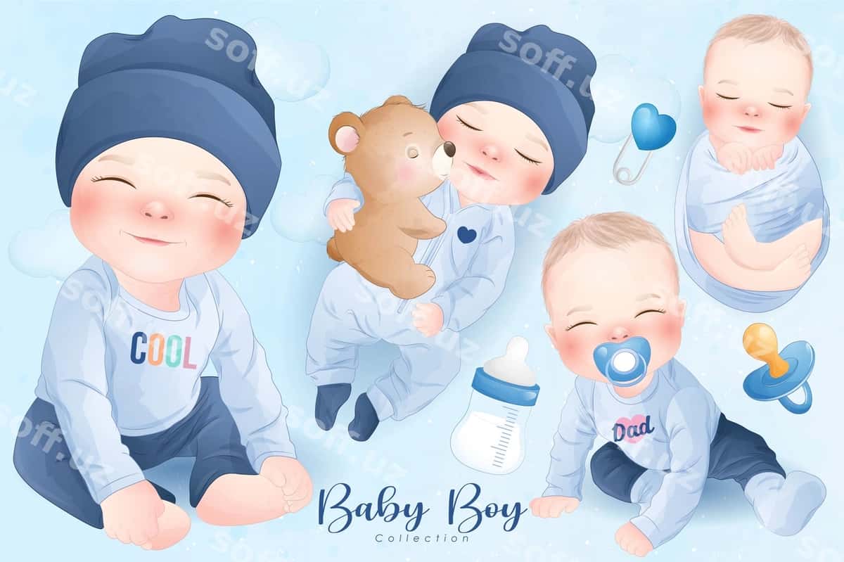 Chiroyli bolalar o'g'il akvaramel uslubi to'plami | Cute baby boy watercolor style collection 1