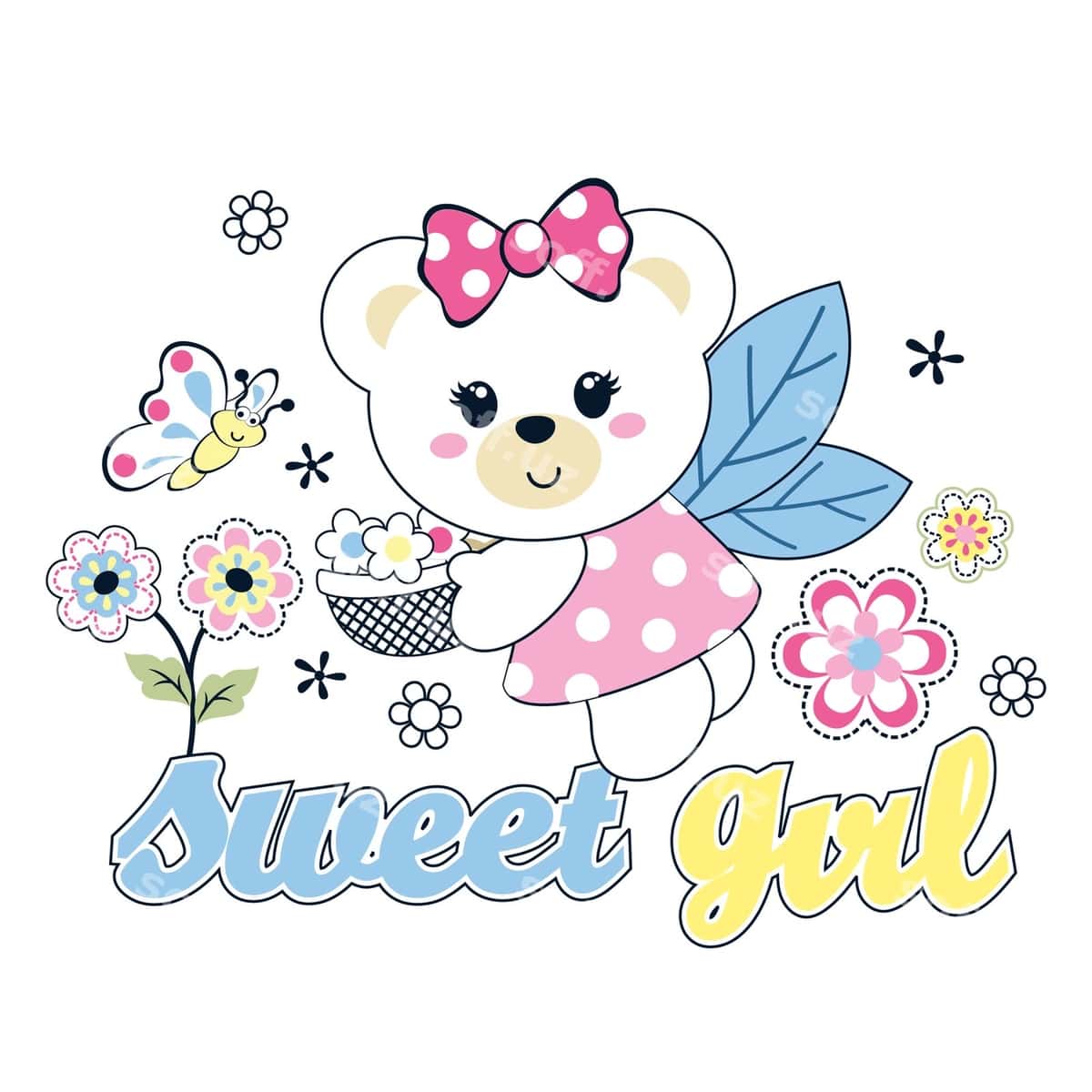 Yoqimli ayiq gul bog'asi vektor | Cute bear flower garden vector 1