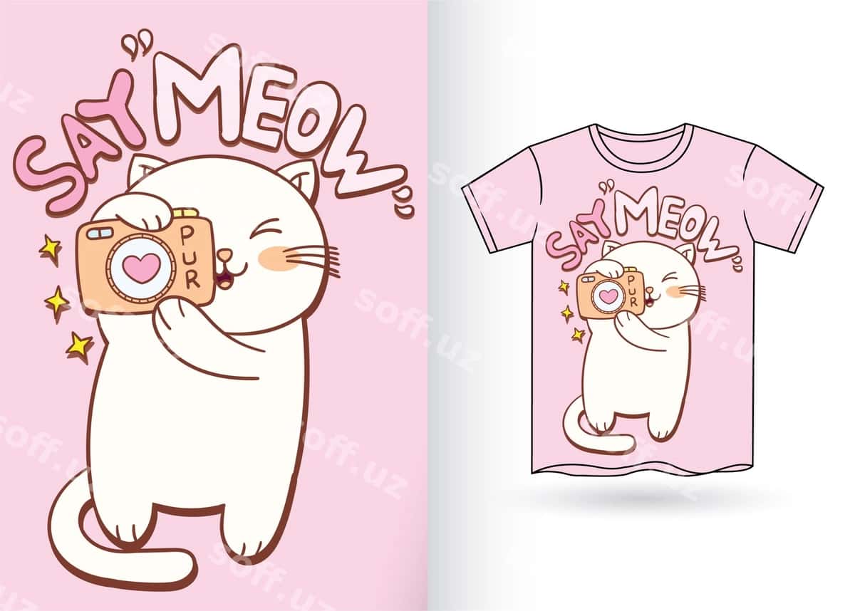 Chiroyli mushuk kamera bilan karyakatur futbolka | Cute cat with camera cartoon t shirt 1
