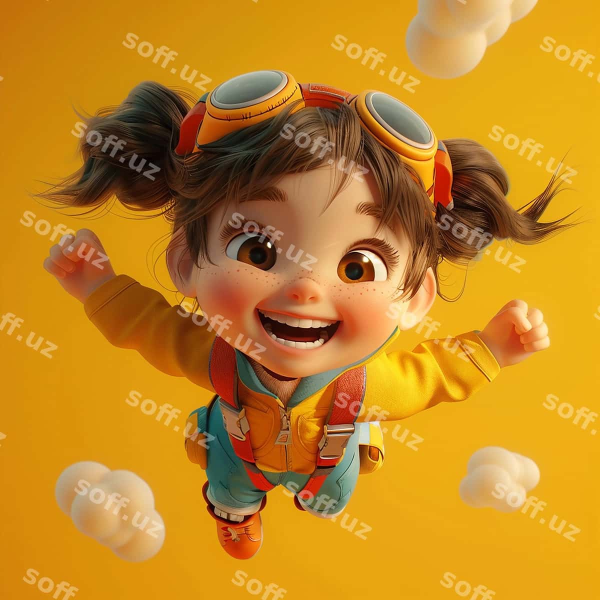 Chiroyli qiz baxtli havoda parvoz qilmoqda 3d render | Cute girl happily flying air 3d rendering 1