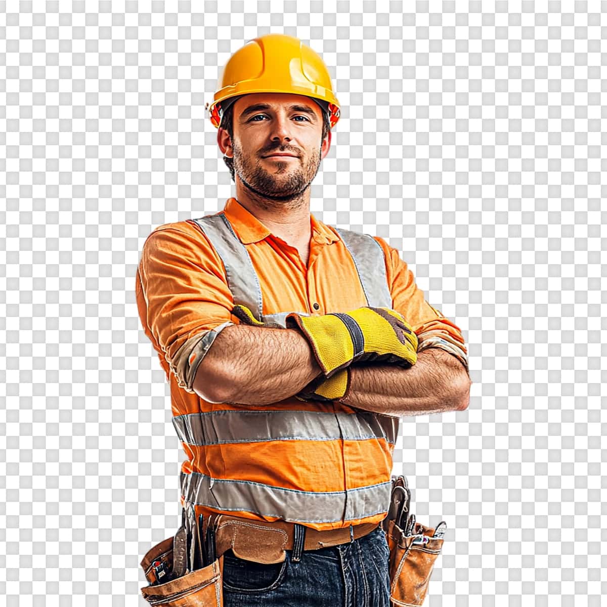 Shaffof fonda jiletli dubulg'ali qurilish ishchisi muhandisi | Construction worker engineer with vest helmet transparent background 1