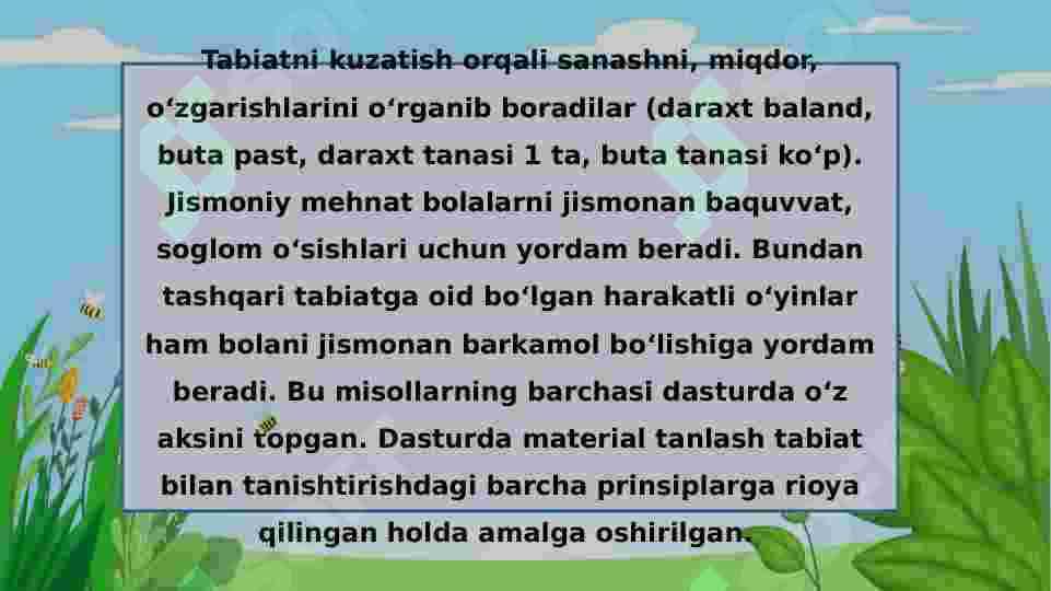 Maktabgacha yoshdagi bolalarni tabiat bilan tanishtirish nazariyasi va texnologiyalari fanidan taqdimot 4