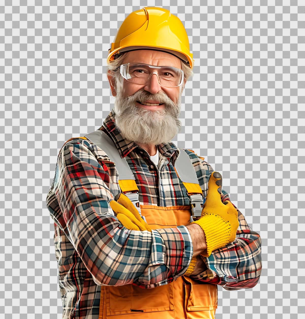 Baxtli quruvchi yolg'iz shaffof fonni ko'rsatayotganidan mamnun | Happy builder standing pleased posing isolated transparent background 1