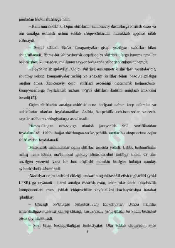 Dasturiy ko‘rinishda amalga oshirishga qulay oqimli shifrlash algoritmini ishlab chiqish 8