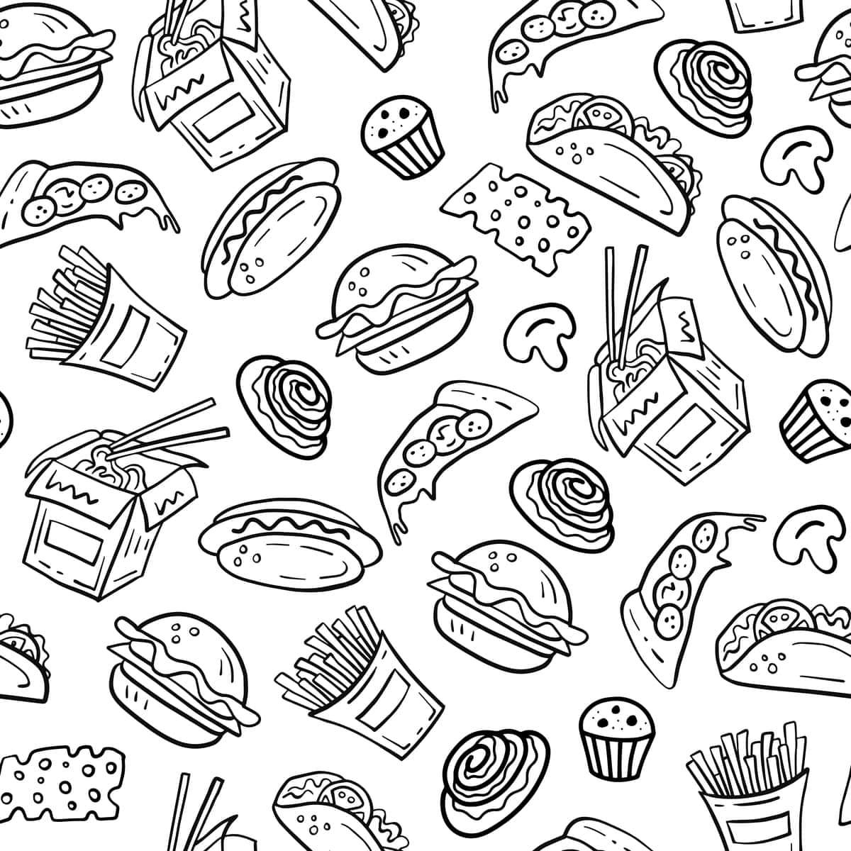 Doodle tez ovqatlanish vektori choksiz naqsh | Doodle fast food vector seamless pattern 1