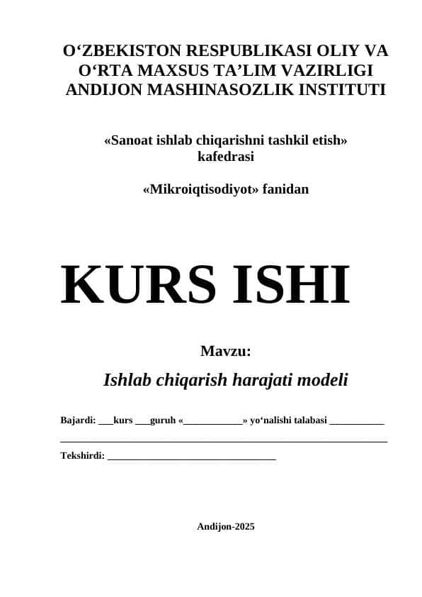Ishlab chiqarish harajati modeli 1