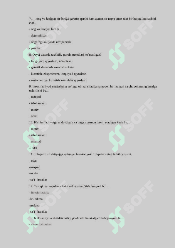 Umumiy psixologiya fanidan test savollari. JAVOBI BILAN 200 TALIK 2
