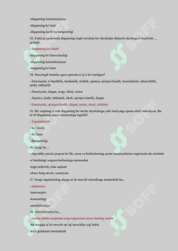Umumiy psixologiya fanidan test savollari. JAVOBI BILAN 200 TALIK 6