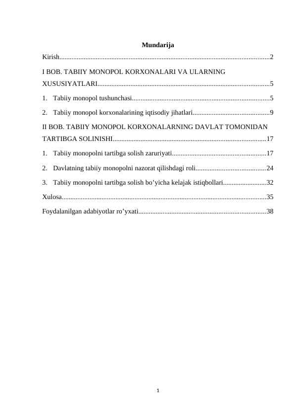 TABIIY MONOPOL KORXONALARI VA ULARNING XUSUSIYATLARI