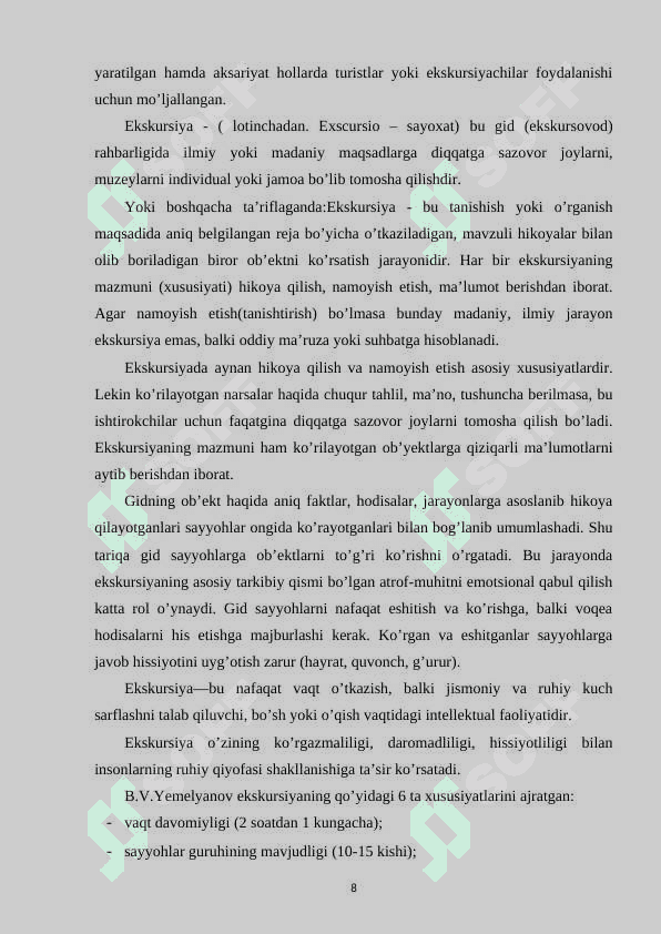 O’zbekistonda ekskursiya xizmatlari tashkil etilishini 8