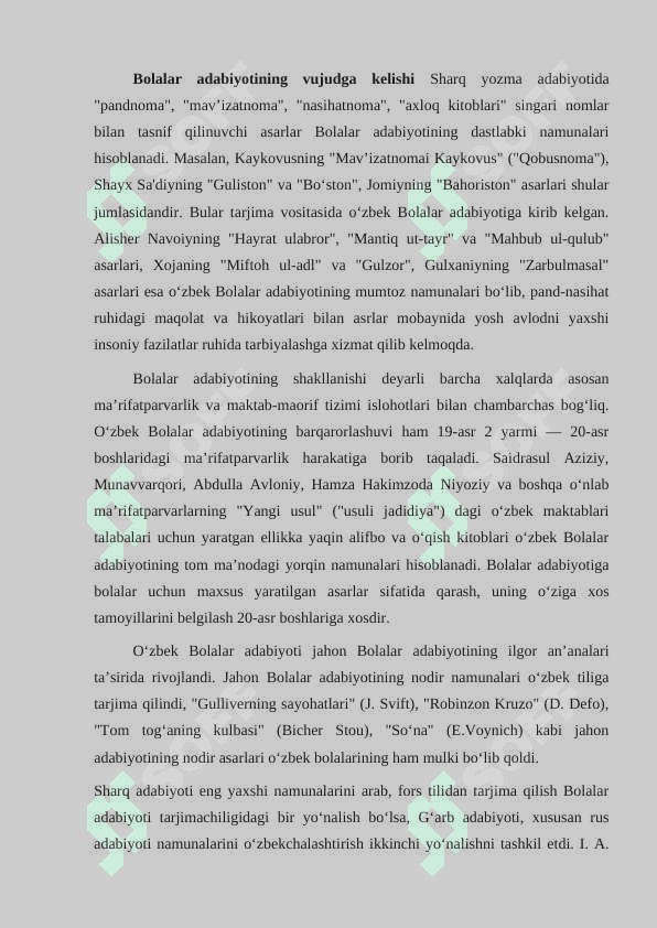 O’zbek bolalar adabiyotining vujudga kelishi va taraqqiyot   xususiyatlari. Milliy uyg’onish harakati va uning o’zbek bolalar adabiyotini yuzaga keltirishdagi roli 3