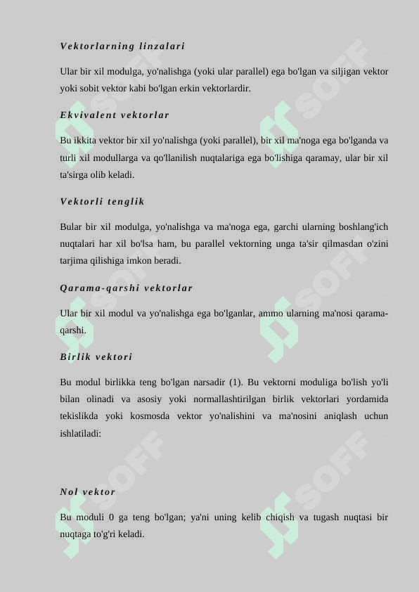 Vektorlarning ekivivalenti sistemalari. Vektorlar chekli sistemasining bazisi va rangi 8