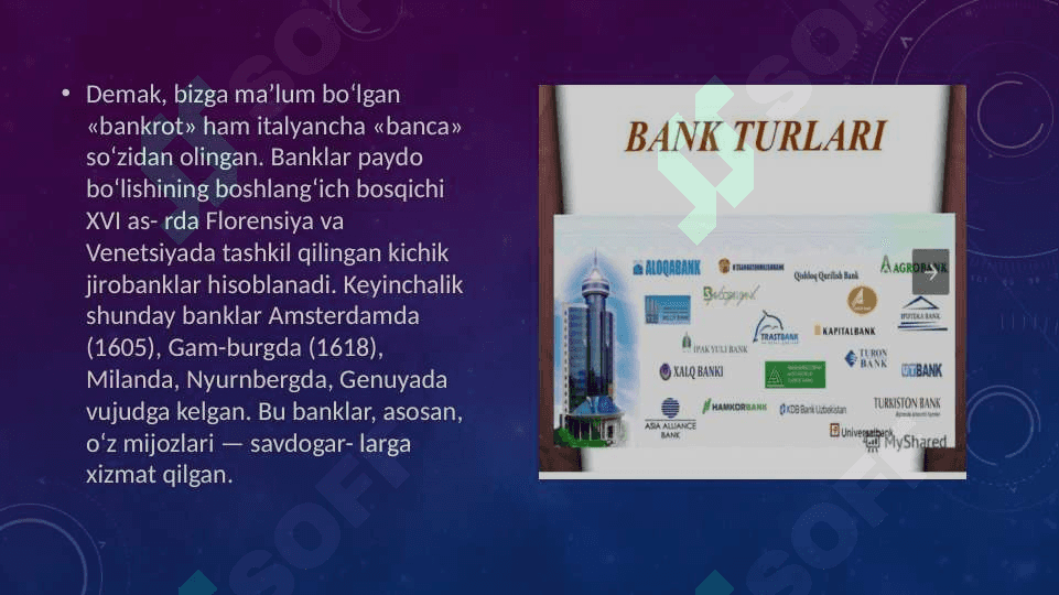 Banklarning vakolatiga qarab turlarini izohlab bering 5