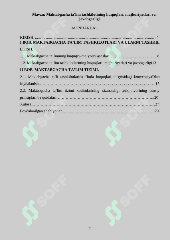 Maktabgacha ta'lim tashkilotining huquqlari, majburiyatlari va javobgarligi 2