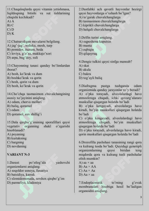 Biologiyadan variantli testlar 3
