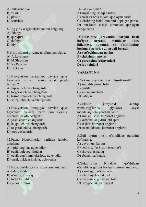 Biologiyadan variantli testlar 4
