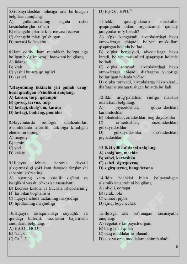 Biologiyadan variantli testlar 5