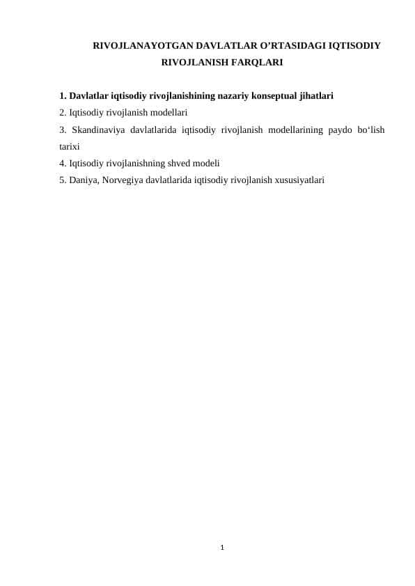 RIVOJLANAYOTGAN DAVLATLAR O’RTASIDAGI IQTISODIY RIVOJLANISH FARQLARI